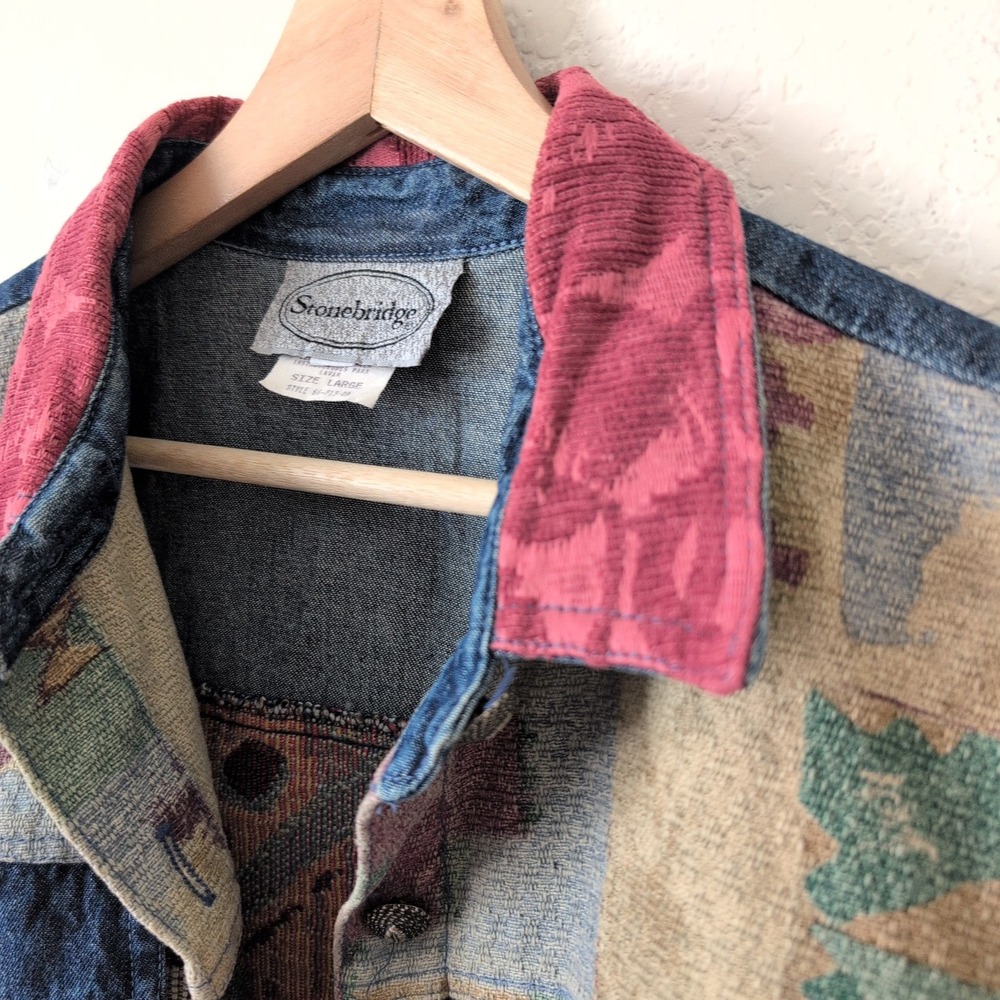 Stonebridge Vintage Denim Patchwork Tapestry Vest Womens Large Grannycore USA - Picture 2 of 7